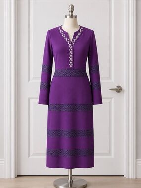 Lily & Taylor Purple Embellished Knit Midi Dress Long Sleeve Women’s Size S NWT